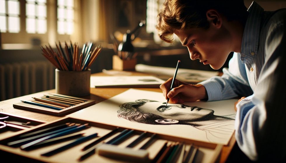 A teenager intently focused on drawing a human portrait on a sketchpad, surrounded by various drawing tools, illustrating artistic dedication.
