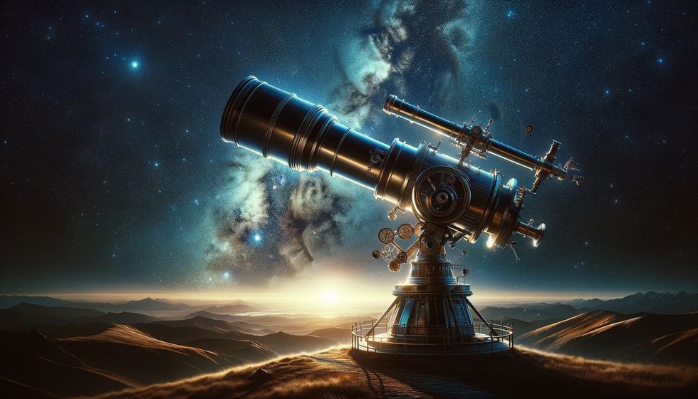 A telescope pointing towards a starry sky at night, atop a remote hill.