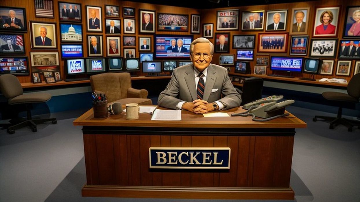 A television studio representing Bob Beckel's career, with a desk featuring a 'Beckel' nameplate, surrounded by monitors and framed political photographs.