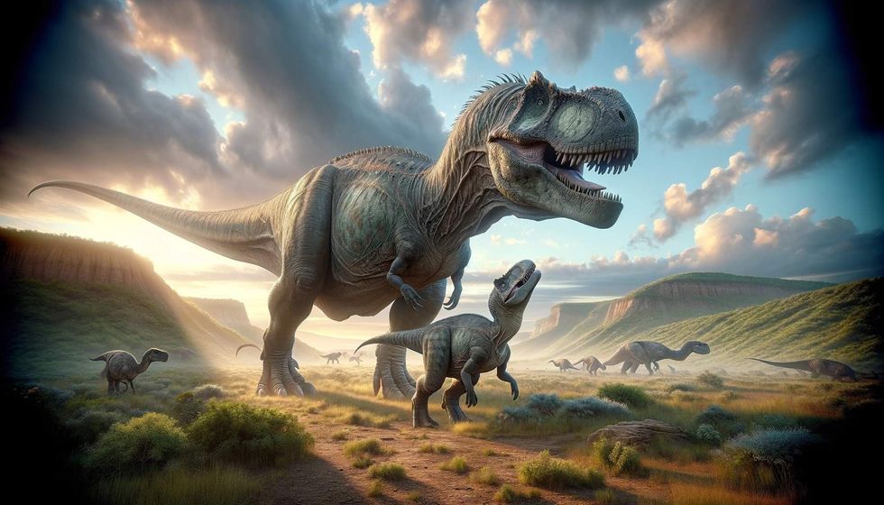 A tender moment between a Bruhathkayosaurus and its young, highlighting the nurturing side of these giants, set against a neutral background to focus on their interaction.