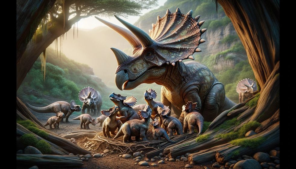 A tender scene of a Protoceratops with its young, depicting nurturing behaviors in a safe, natural setting.