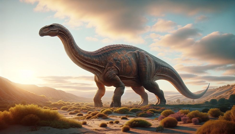 A textured Aeolosaurus dinosaur strolls in profile across a Jurassic environment with minimal vegetation and a warm sky.