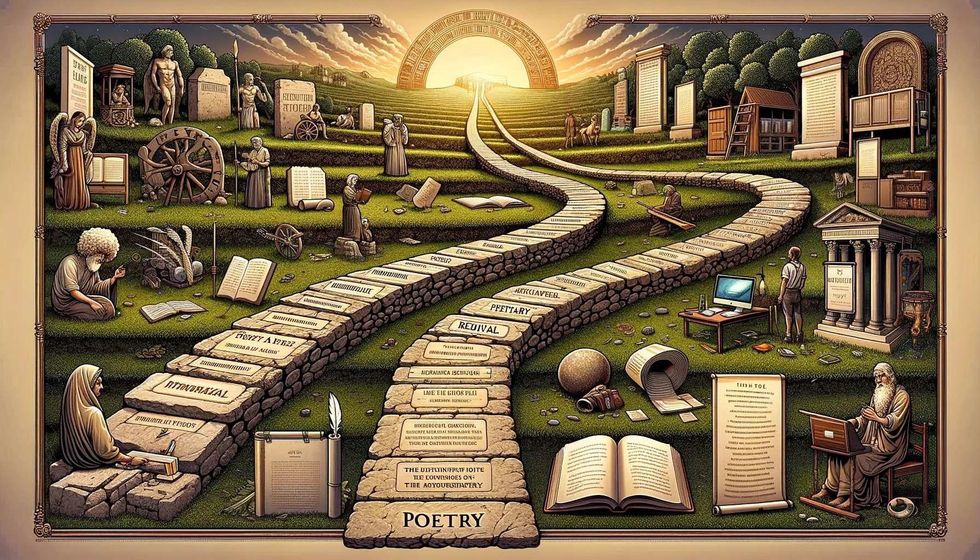 A timeline depicted with symbols representing the evolution of poetry, including a stone tablet, parchment scroll, and an open book with a feather quill.