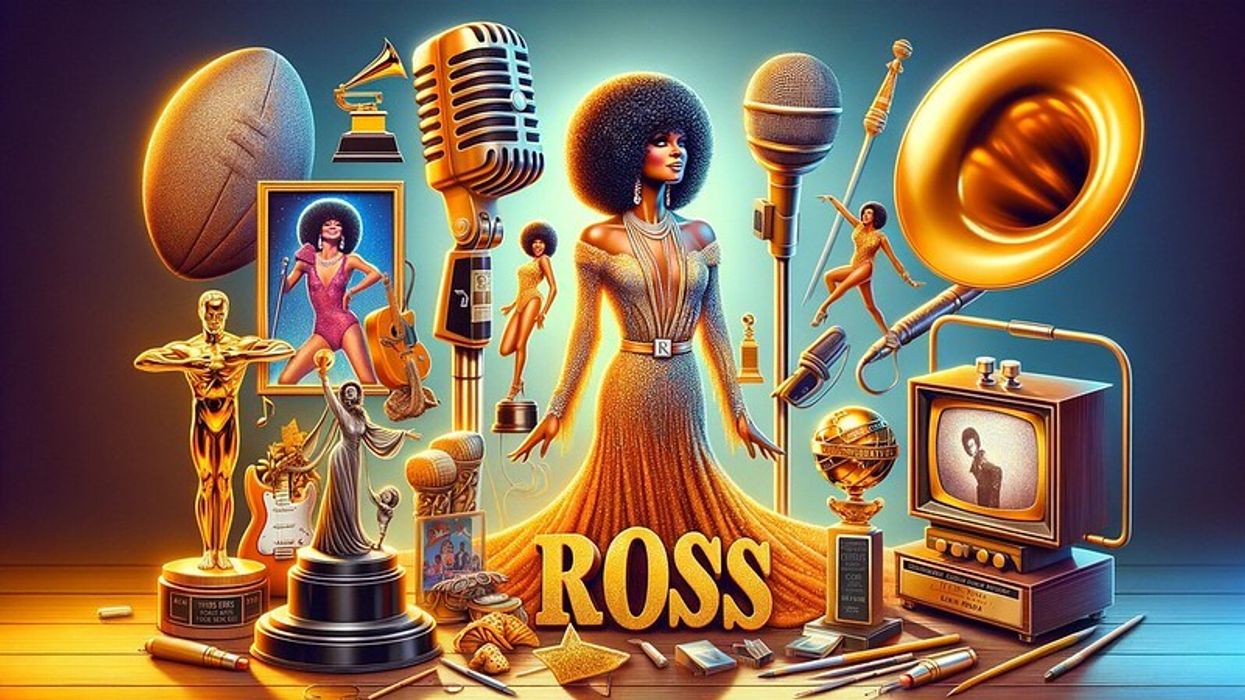 A vibrant display of items symbolizing Diana Ross's career, including a microphone, a glittering costume, an award, a TV, and a golden spelling of the name 'Ross'.