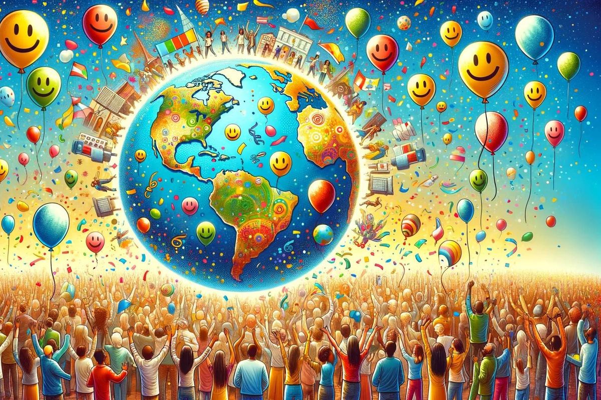 A vibrant image depicting a globe surrounded by diverse groups of people celebrating, with balloons and smiling faces floating around.