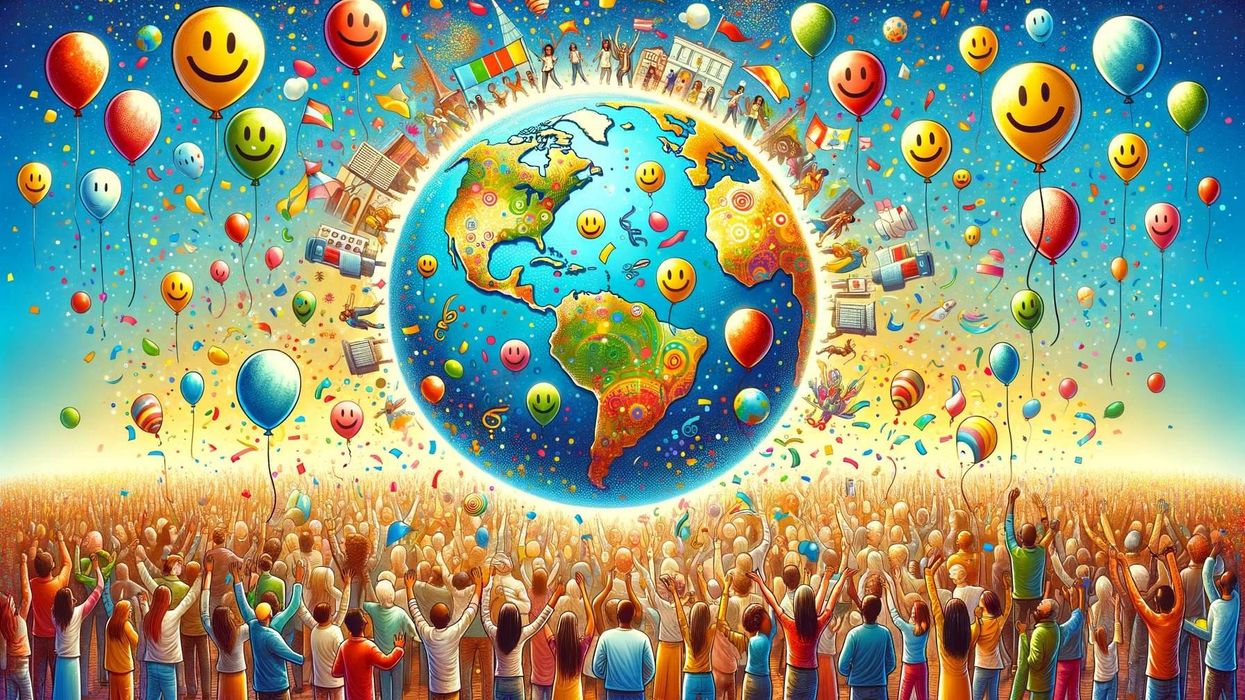 A vibrant image depicting a globe surrounded by diverse groups of people celebrating, with balloons and smiling faces floating around.