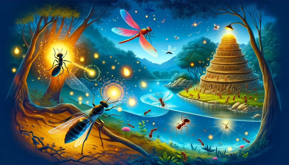 A vibrant landscape highlighting insects' remarkable abilities, with a firefly illuminating the scene, showcasing engaging insect facts for kids.