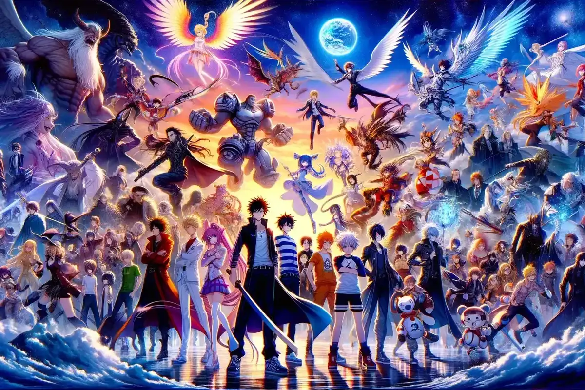 A vibrant landscape showcasing a mix of iconic anime characters, perfect for the ultimate anime trivia quiz.
