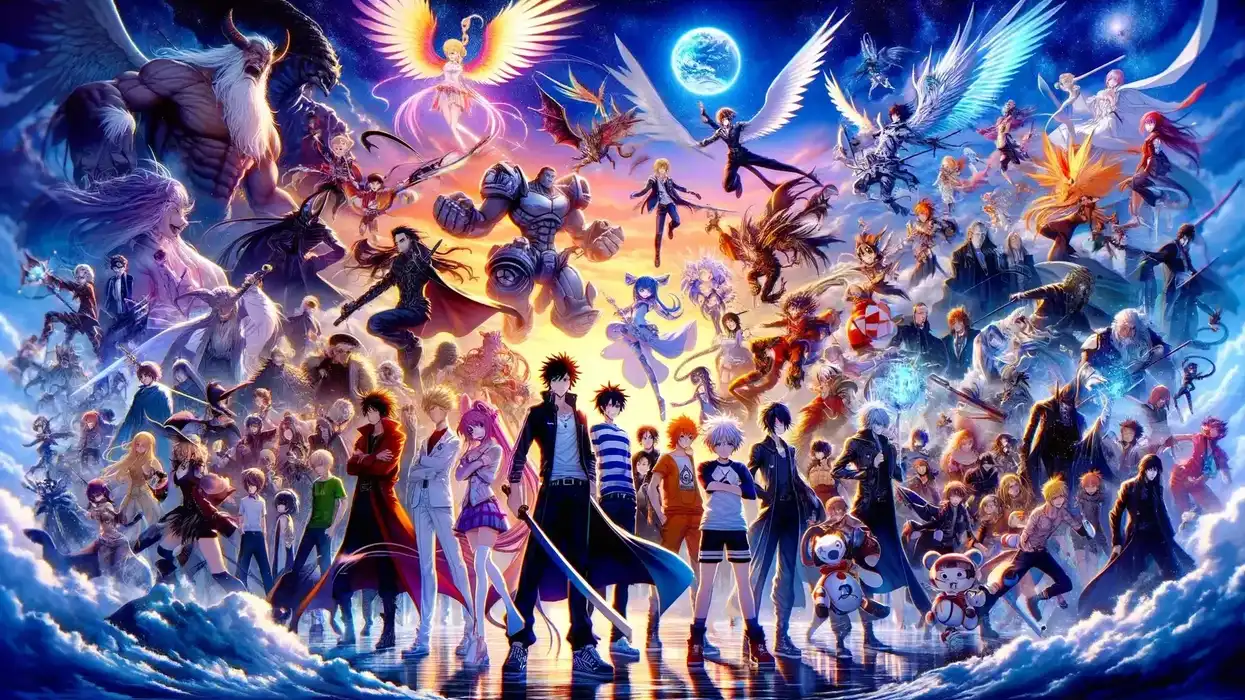 A vibrant landscape showcasing a mix of iconic anime characters, perfect for the ultimate anime trivia quiz.