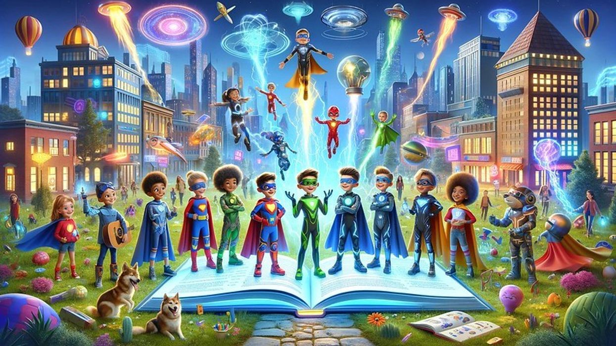 A vibrant landscape showcasing kid superheroes around a book, with futuristic city elements and dynamic superhero poses.