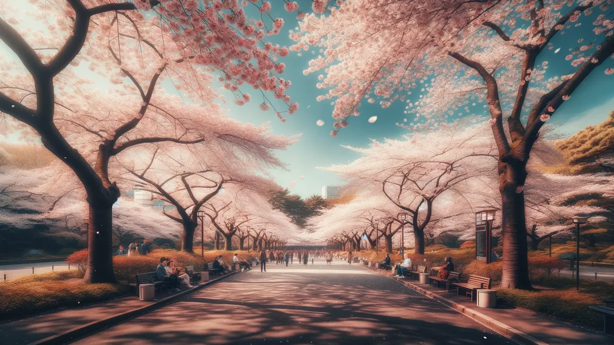 A vibrant park scene featuring cherry blossom trees in full bloom under a clear blue sky, with people of diverse ages and ethnicities enjoying the blossoms along a wide walking path lined with benches.
