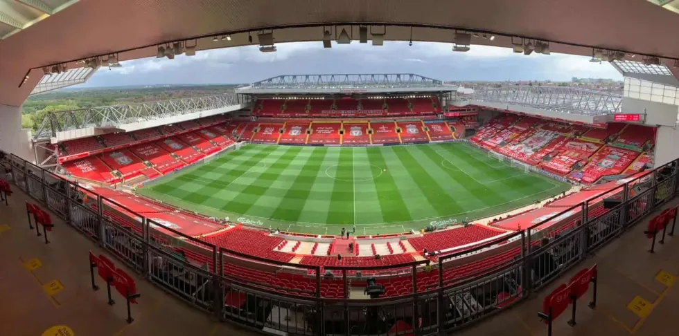A view of Anfield Stadium from above.