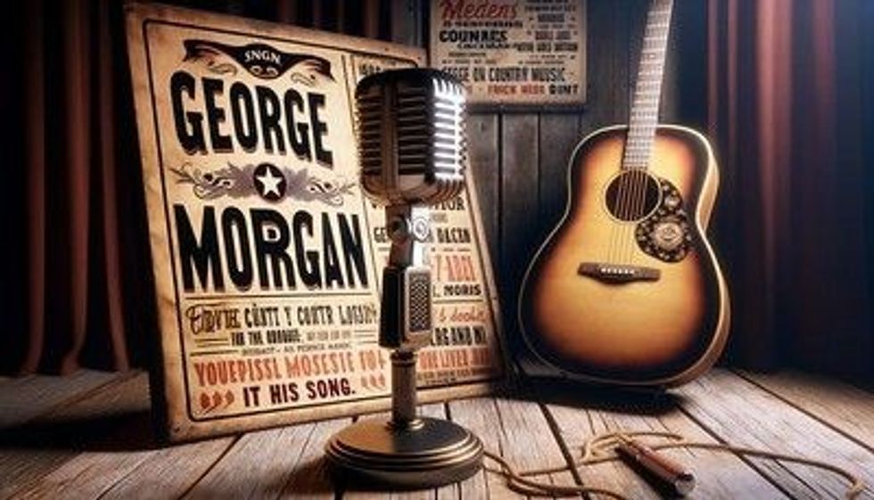 A vintage microphone and acoustic guitar on a wooden stage, with a banner reading 'George Morgan'.