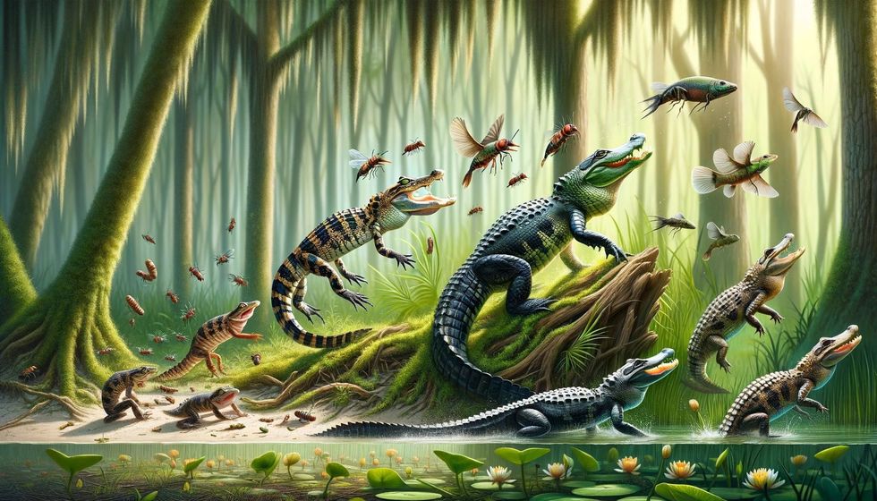A visual progression of an alligator's diet from hatchling to adult, illustrating what alligators eat at different life stages in a swamp ecosystem.