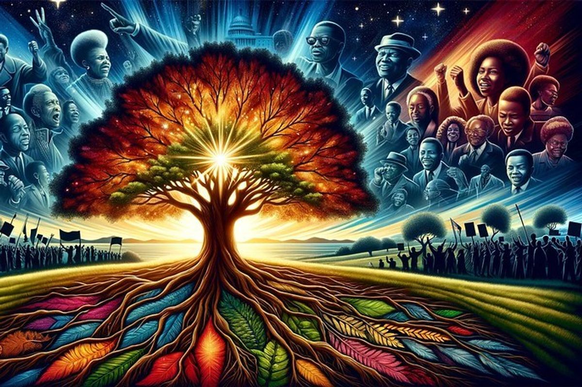 A vivid and powerful representation of Black History Month. The image features a large, radiant tree at the center, with colorful roots, and representations of prominent Black figures.
