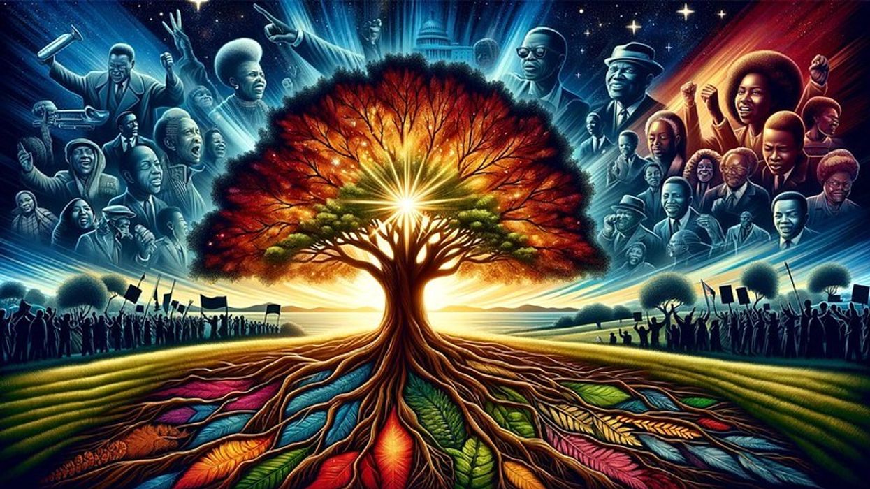 A vivid and powerful representation of Black History Month. The image features a large, radiant tree at the center, with colorful roots, and representations of prominent Black figures.