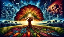 A vivid and powerful representation of Black History Month. The image features a large, radiant tree at the center, with colorful roots, and representations of prominent Black figures.