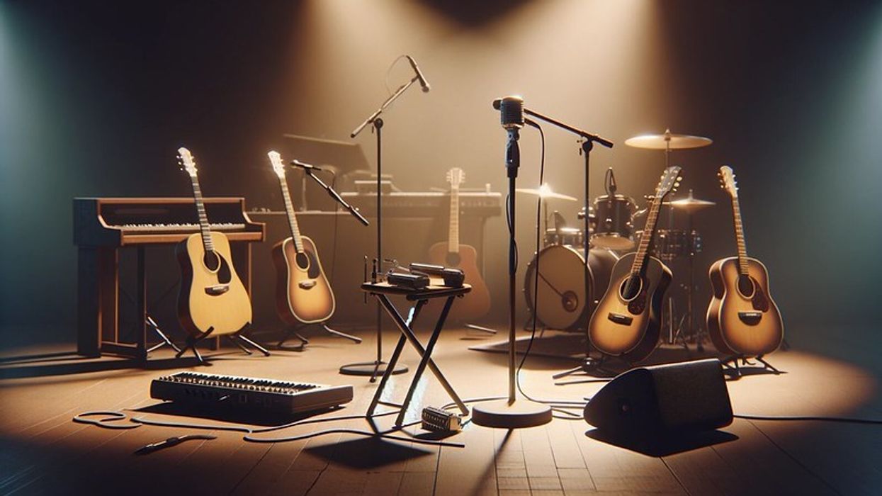 A warmly lit stage setup for a live music performance featuring a microphone, acoustic guitars, a harmonica, a drum kit, a keyboard, and a bass guitar.