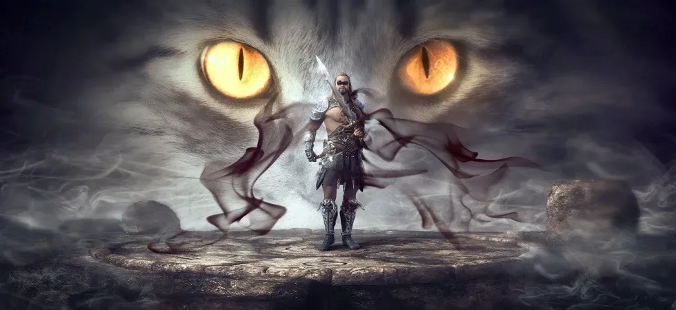 A warrior with cat eyes in the background