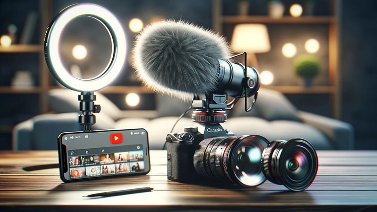 A well-lit workspace featuring vlogging essentials: a high-end camera with microphone, a smartphone with YouTube app, and a ring light, arranged on a modern desk.
