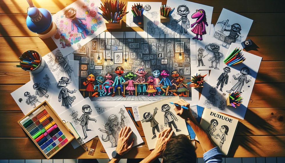 A well-lit workspace filled with vibrant sketches of puppet characters and scenes on papers and a storyboard.