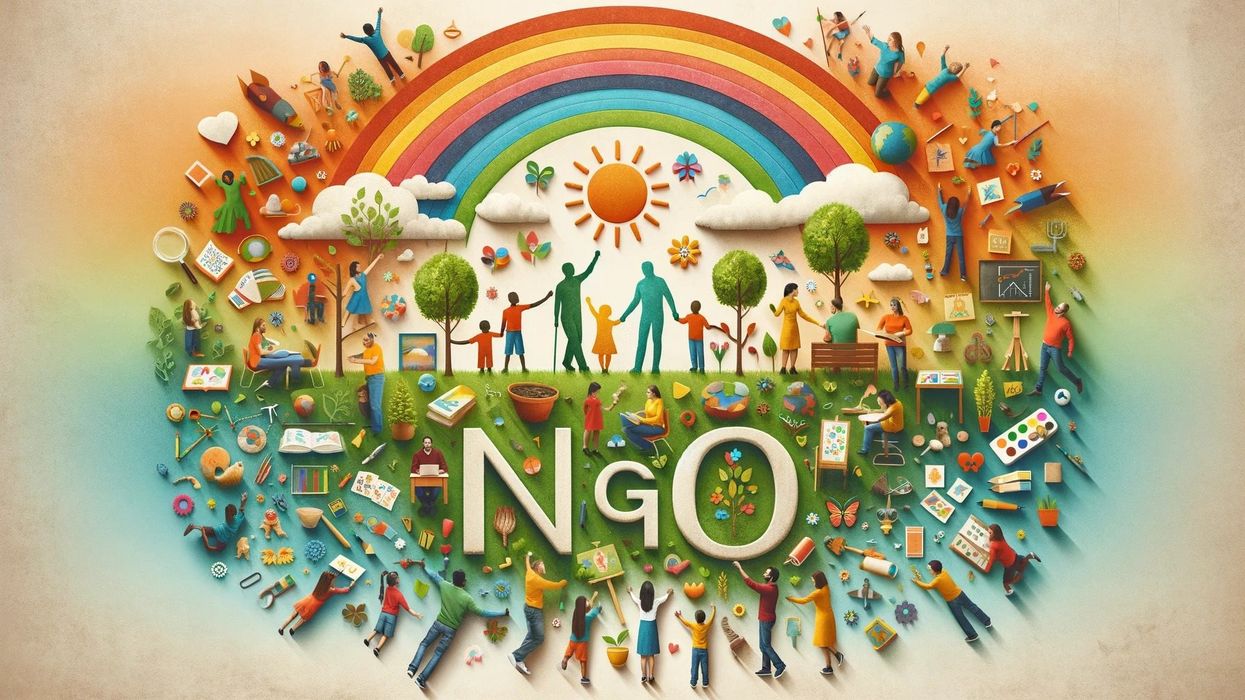 A wide image depicting a montage of diverse parent-child pairs engaged in various charitable acts under a rainbow, arranged to suggest NGO.