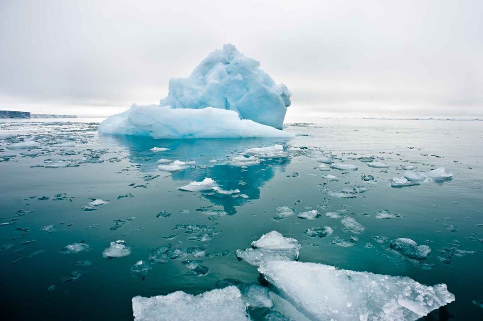 A wide low angle view of melting sea ice floes