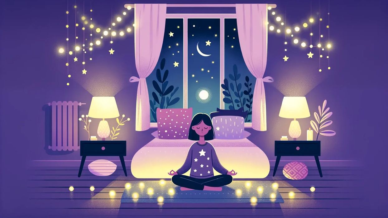 A young girl practicing breathing exercises on her bed, surrounded by dim fairy lights.