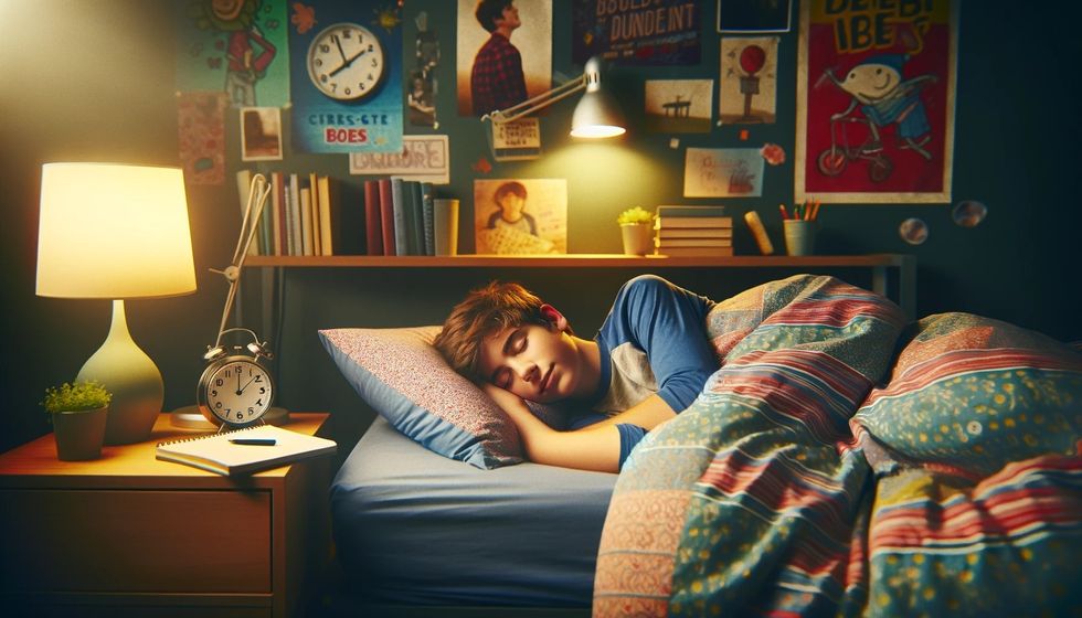 A young person sleeps peacefully in a vibrant bedroom, bathed in soft light from a bedside lamp, surrounded by colorful bedding, books, and youthful decor