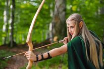 A young woman dressed as an elf with her arrow in the jungle.