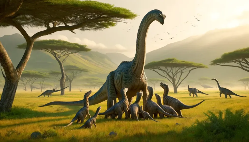 Adult Aeolosaurus with its young in a nurturing moment on a grassy plain, surrounded by a few scattered trees