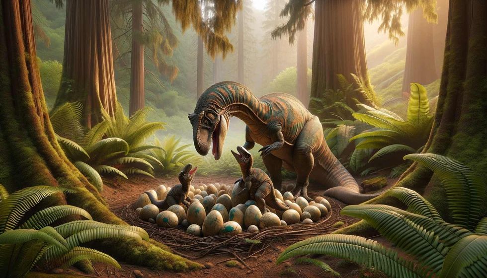 Adult Maiasaura bending towards its hatchlings emerging from eggs in a nest within a lush Late Cretaceous forest.