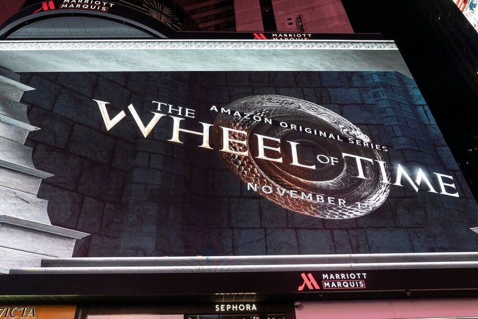 Advertisement seen on huge billboard for Amazon Prime Video newest series The Wheel of Time on Times Square