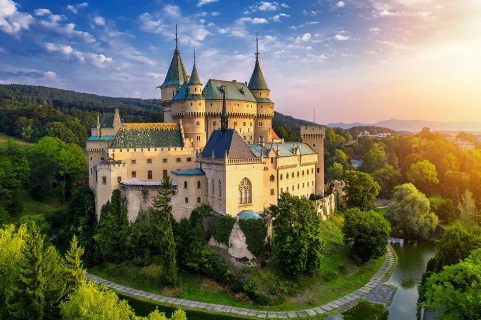 Aerial view of Bojnice medieval castle, UNESCO heritage in Slovakia.