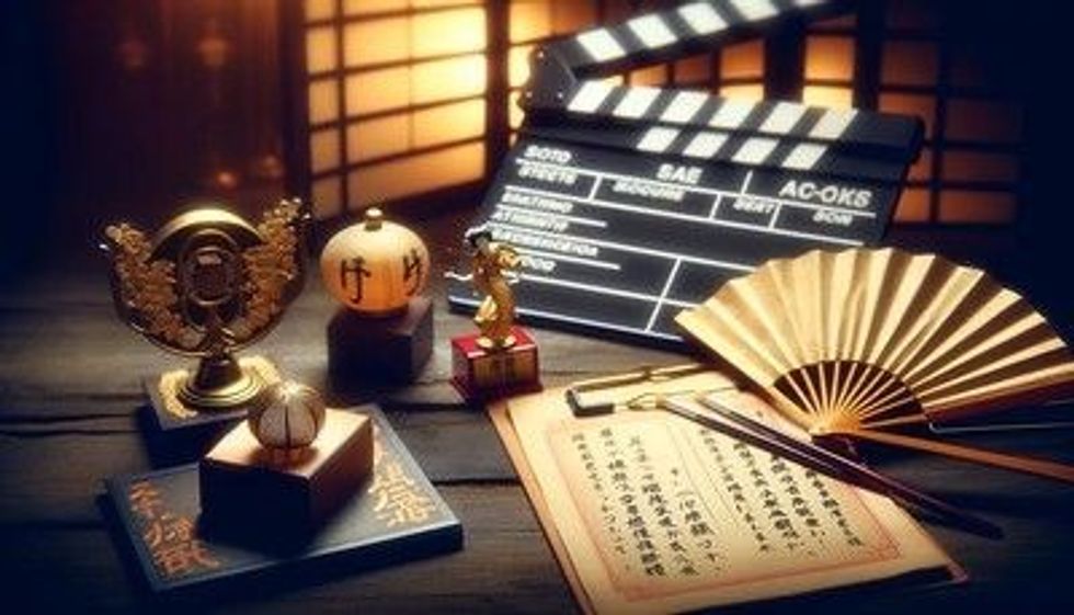 An acting script with Japanese characters, an award, a clapperboard with Japanese text, and a traditional Japanese fan on a table in a soft blurred image setting.