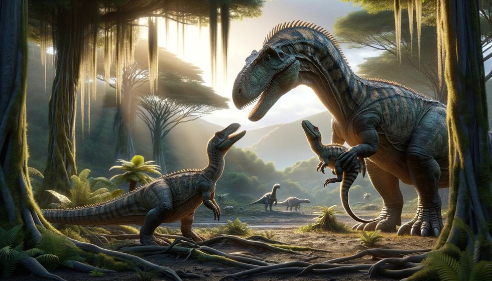 An adult Anodontosaurus with its young, highlighting parental care in a dense, vegetation-rich environment.