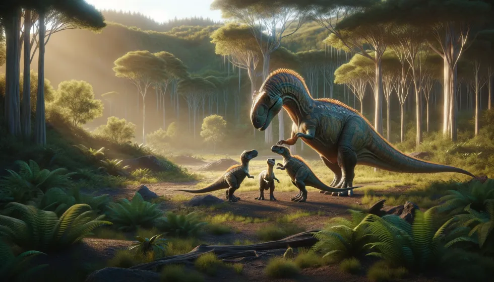 An adult Dryosaurus with two juveniles, demonstrating parental care in a sheltered area with lush vegetation.