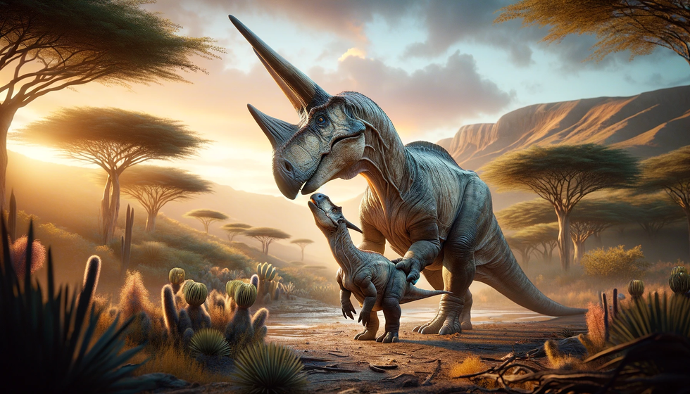 An adult Einiosaurus nurturing its young, emphasizing juvenile features and parental care within a backdrop of Cretaceous flora.