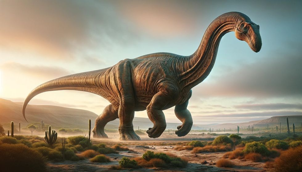 An Aeolosaurus dinosaur with pronounced pores in its skin walks through a sparse prehistoric landscape under a clear sky.