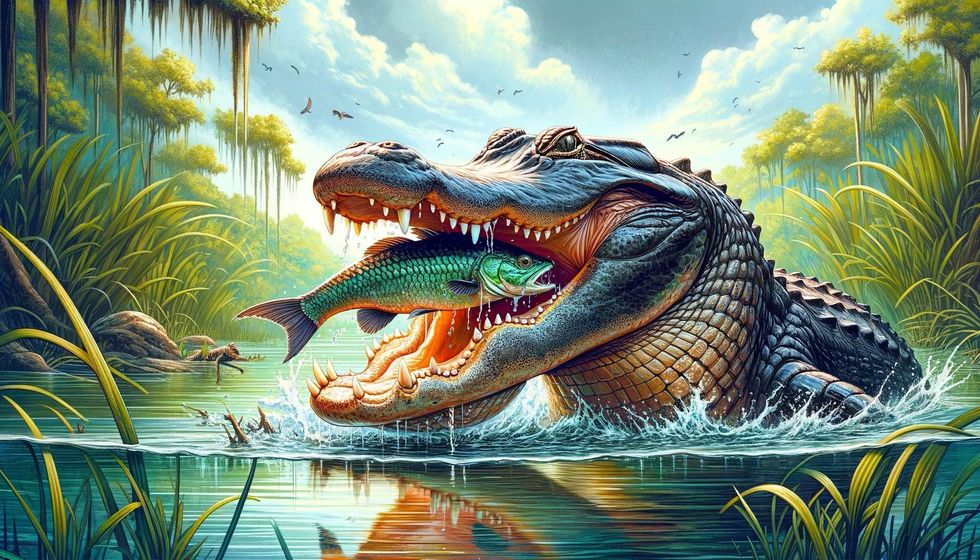 An alligator catching a fish, representing what alligators eat in the wild with a diverse diet in a vibrant swamp.