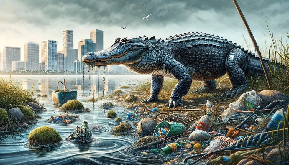 An alligator in a polluted habitat, depicting the impact of human interaction on what alligators eat and their natural feeding patterns.