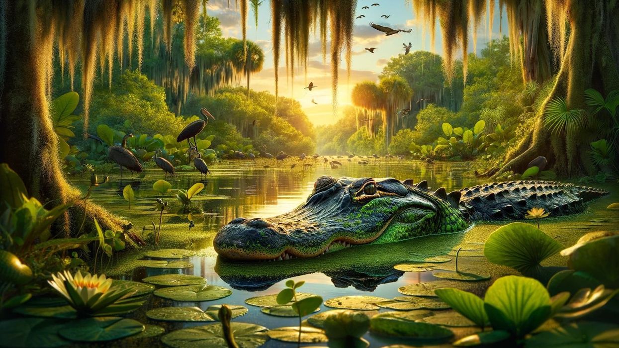 An alligator lurking in a swamp at sunset, encapsulating the essence of what alligators eat as the apex predator in its natural habitat.