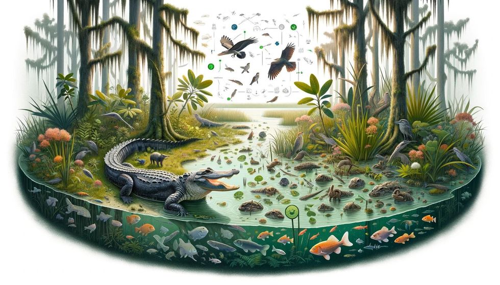 An alligator surrounded by various swamp species, highlighting its role in the ecosystem.