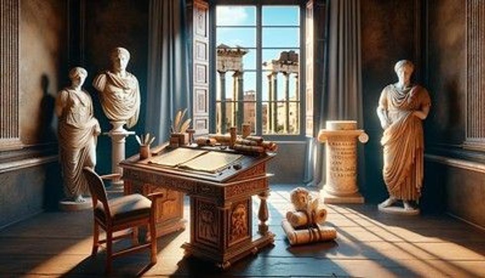 An ancient Roman study room with a wooden desk covered in writing scrolls and quills, and Roman sculptures around the room.