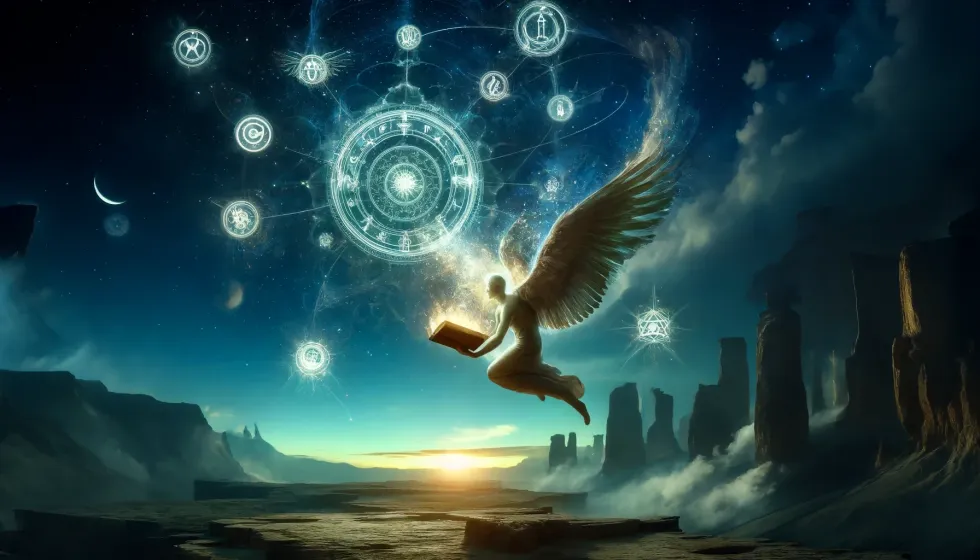 An angel surrounded by arcane symbols, holding ancient texts under a starlit sky.