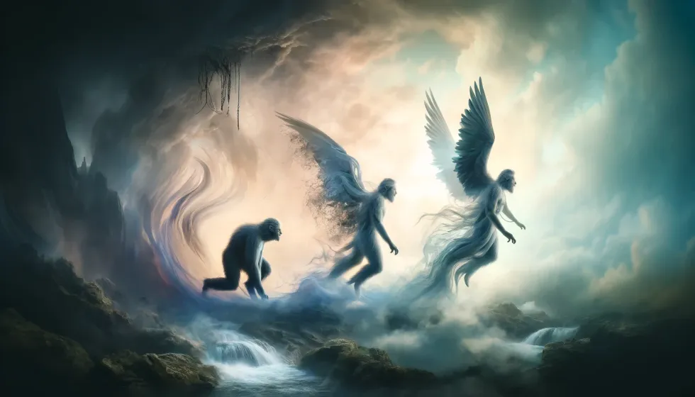 An angel transitioning between human, beastly, and ethereal forms in a misty environment.