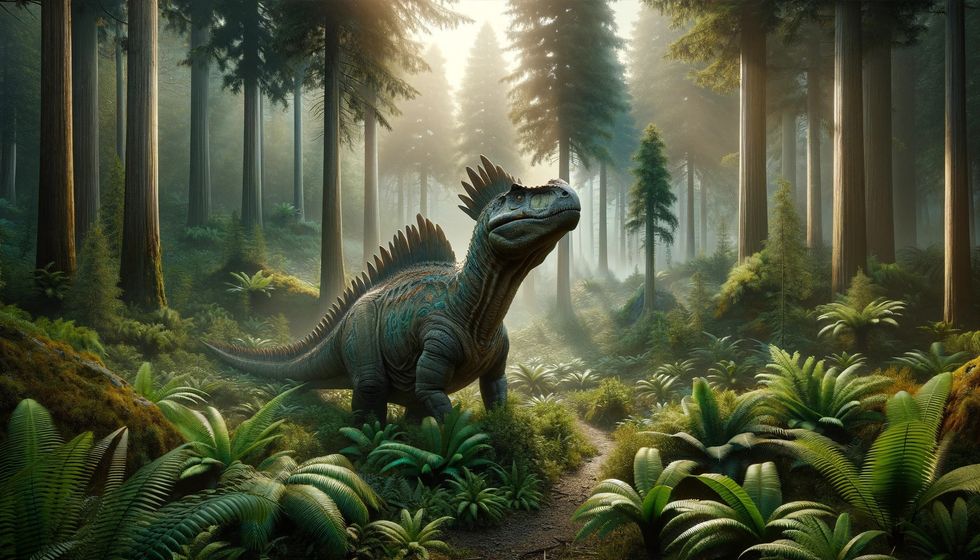 An Anodontosaurus in a lush, Late Cretaceous forest setting with ferns and conifers, showcasing its natural habitat.