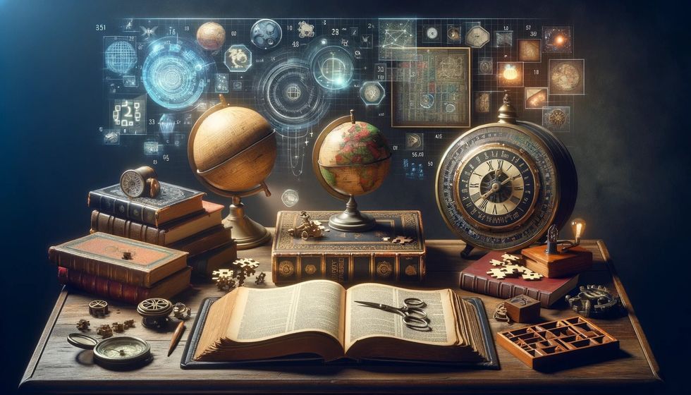 An antique desk with an open encyclopedia, a sextant, vintage clock, puzzles, a globe, and floating holographic numbers and charts.