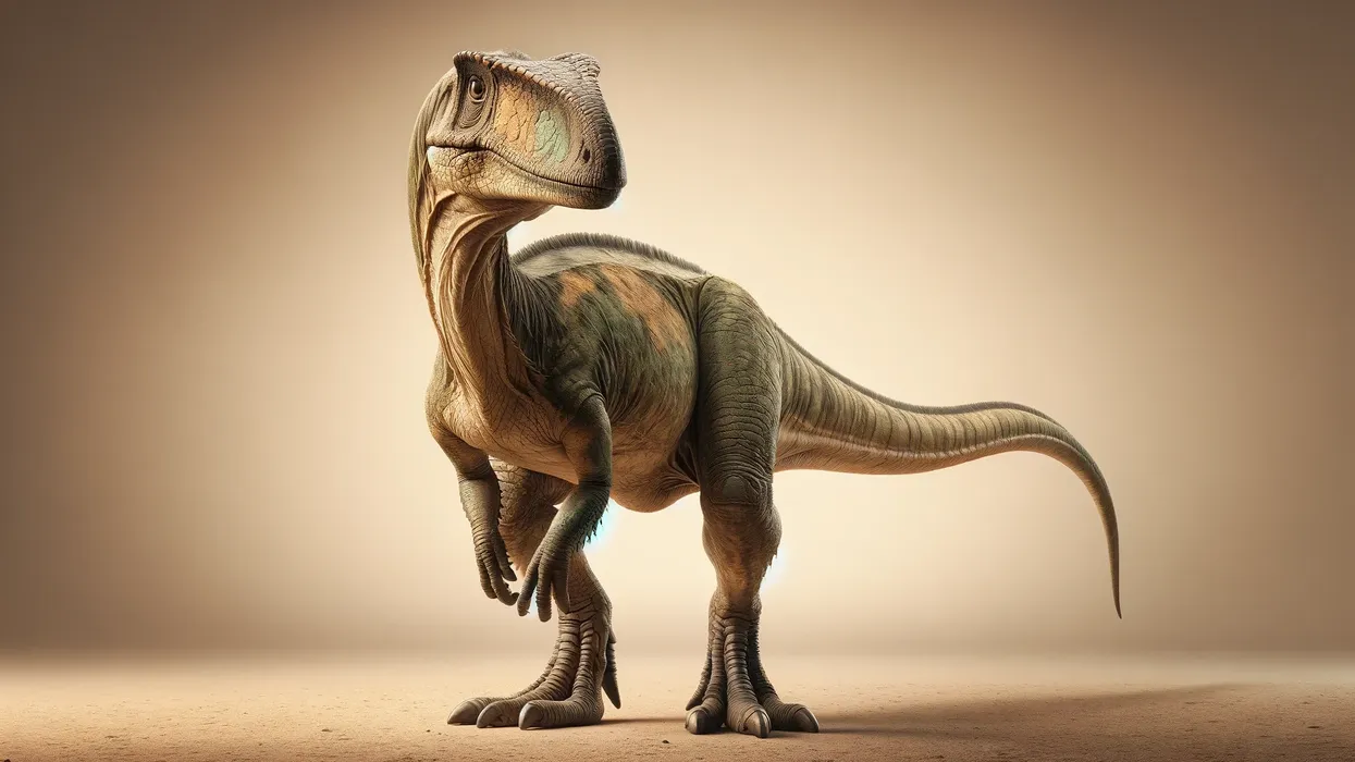 An Arenysaurus against a plain, soft beige background, showcasing its duck-billed head, long tail, and bipedal stance in colors of greens and browns under soft lighting.