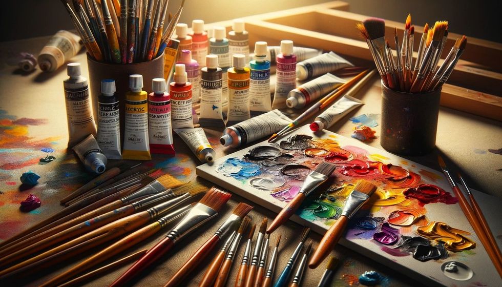 An array of acrylic painting supplies, including vibrant paint tubes, various brushes, a palette, and a primed canvas, ready for artistic creation.